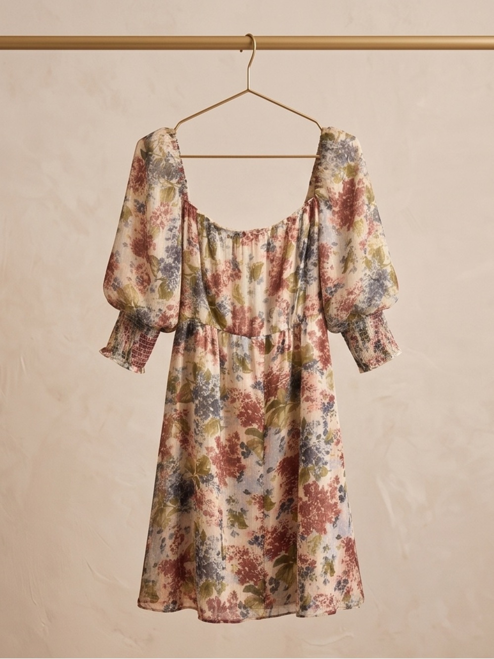 Cottagecore Floral Puff Sleeve Mini Dress XL Gold Thread Detail